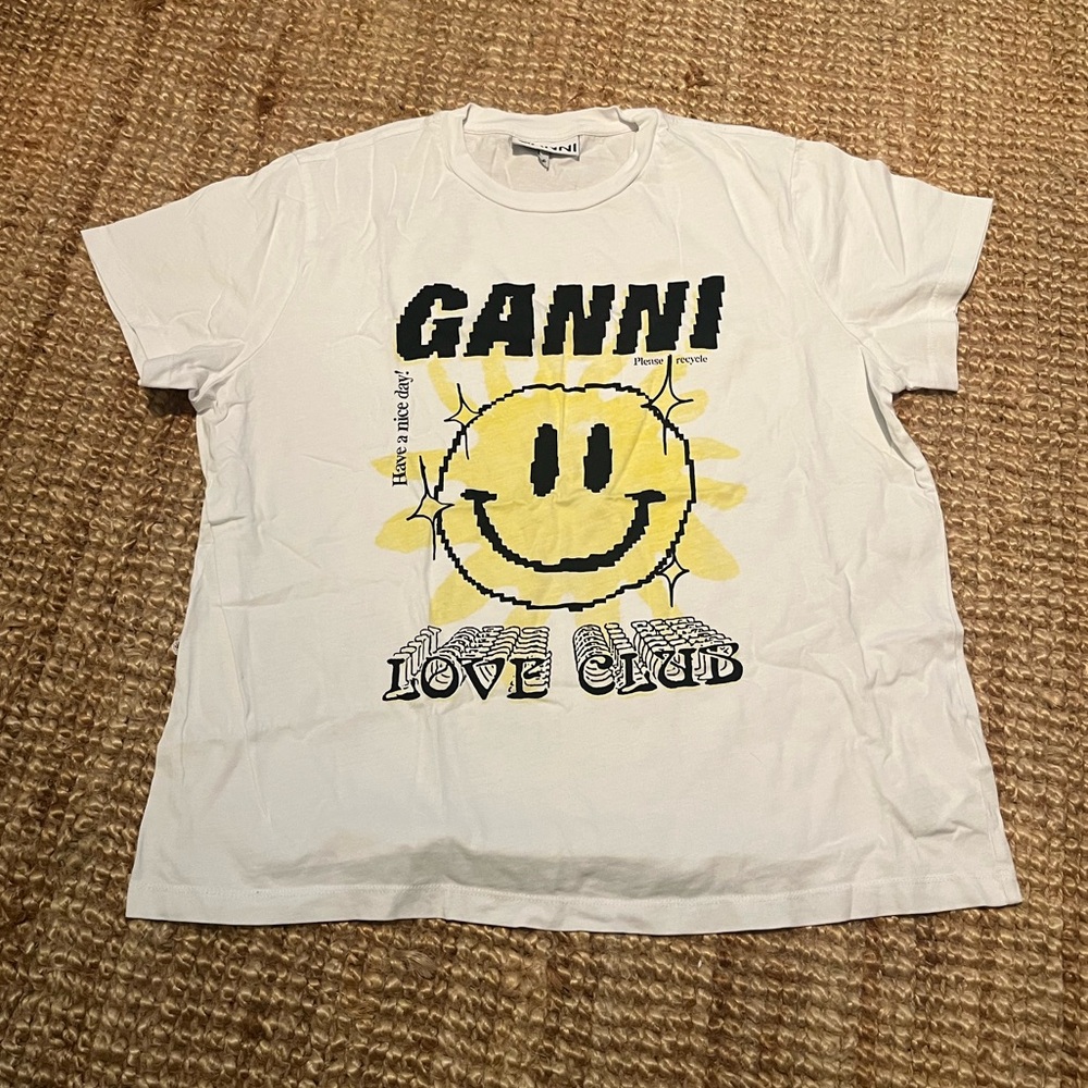 Ganni White Tee with Yellow happy face Graphic
